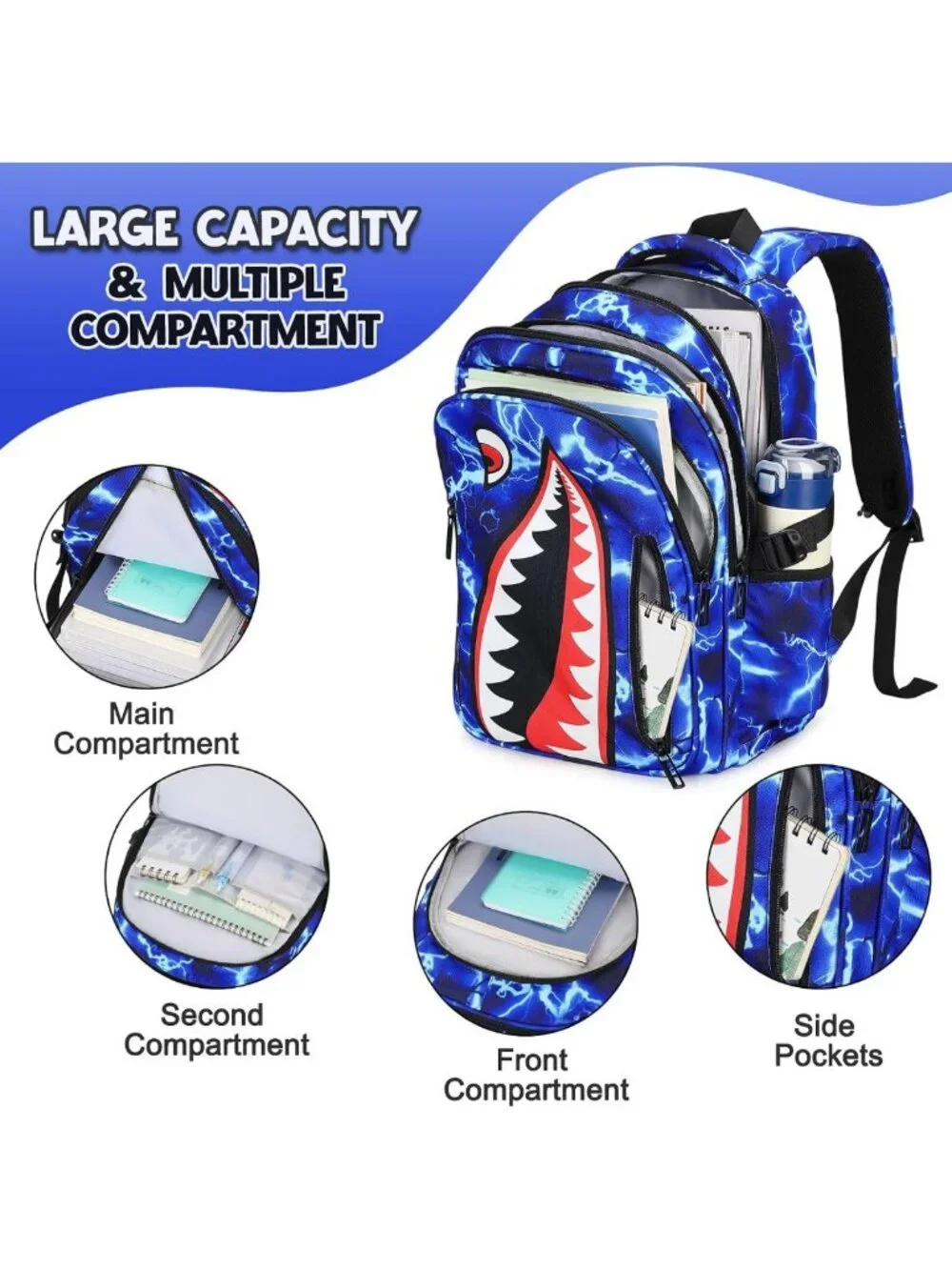 Cool Luminous Shark Backpack Set for Boys with Lunch Box - 4PCS Stylish School